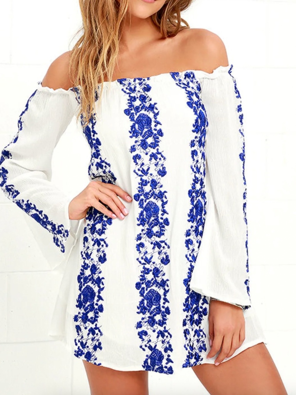 Lulus Sun Love Embroidered Dress S Off-Shoulder White Blue Floral Bell Sleeve